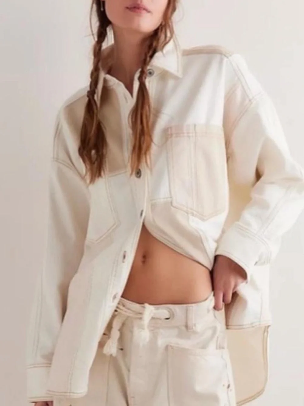 Free People We The Free Mountain Roads Denim Patchwork Jacket in Cream/Beige - S - Picture 2 of 8